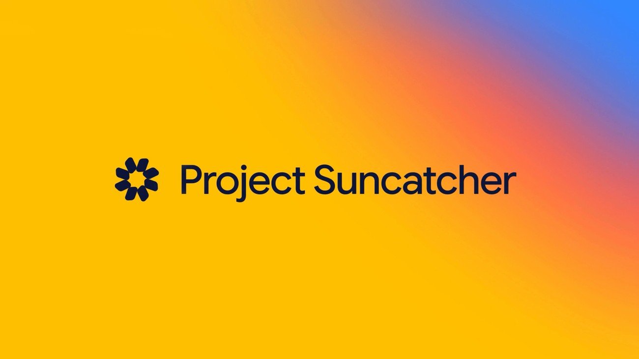 Official Google Research Project Suncatcher social graphic — stylized sunburst mark and title on a yellow-to-blue atmospheric gradient